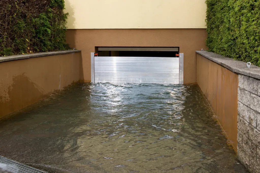Mobile Hochwasserschutz-Tür hält angestautes Wasser vor dem Kellereingang zurück