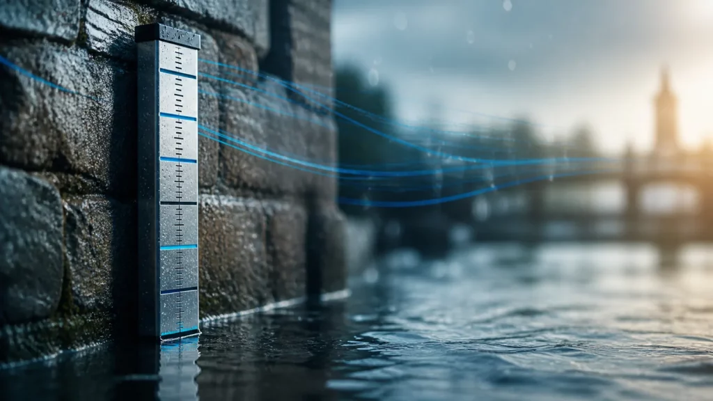 Pegelmesser an Steinmauer mit fließenden Datenströmen als Symbol für aktuelle Hochwasser-Nachrichten