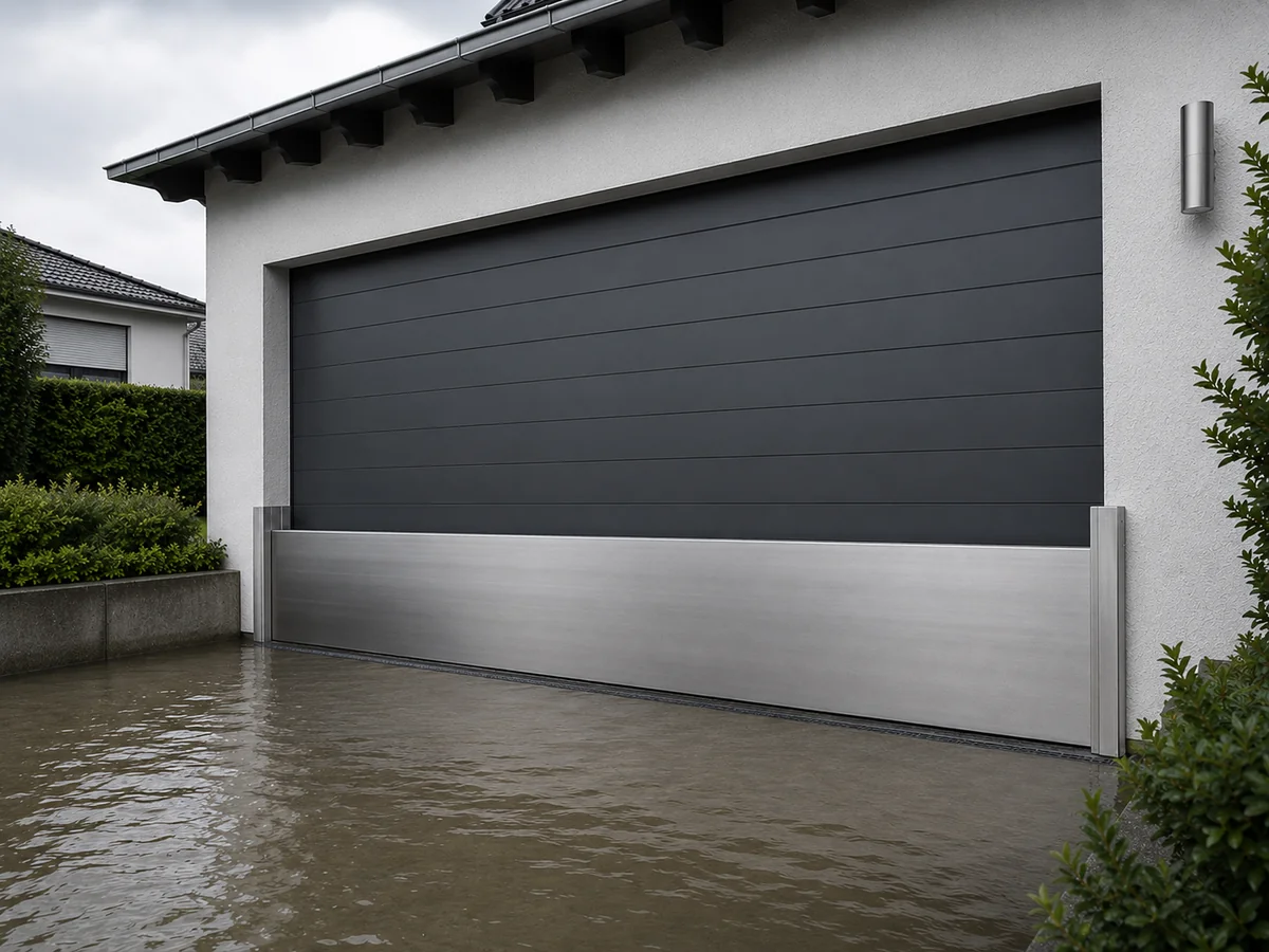 Aluminium-Dammbalken vor Garagentor — komplette Hochwasserschutz-Sperre frontal