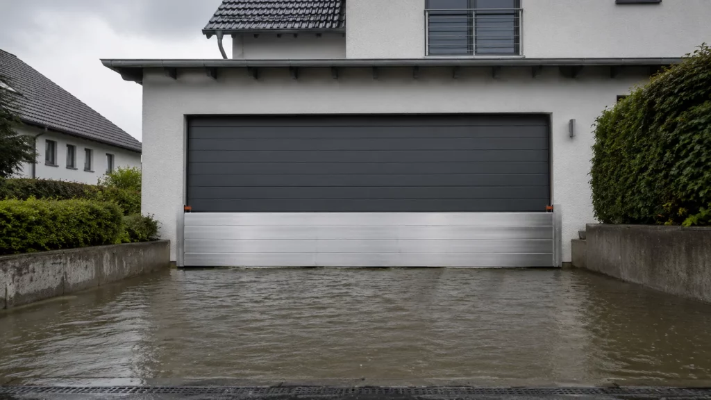 Hochwasserschutz Garagentor mit Aluminium-Dammbalken bei Starkregen — Buchfink