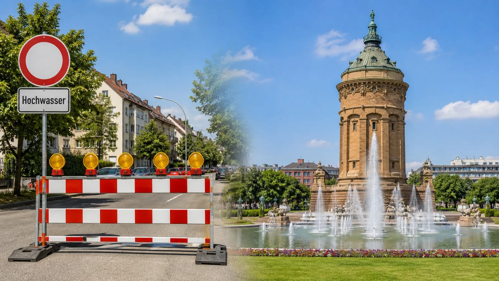 Wasserdichte Hochwasserschutz-Lösung in Mannheim mit Wasserturm und Friedrichsplatz-Brunnen im Hintergrund