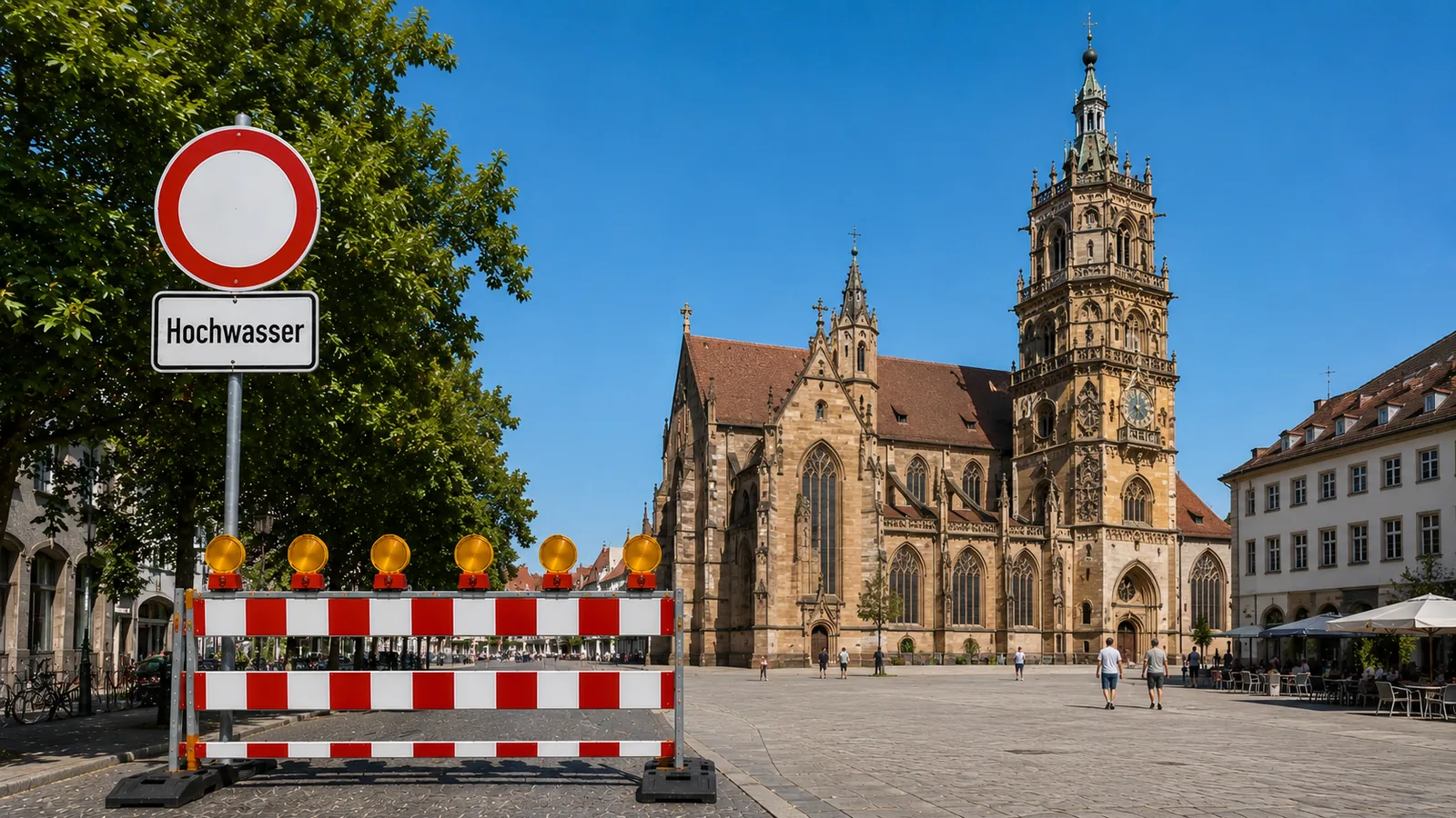 Hochwasserschutz in Heilbronn: Straßensperre mit Hochwasser-Schild vor der Kilianskirche