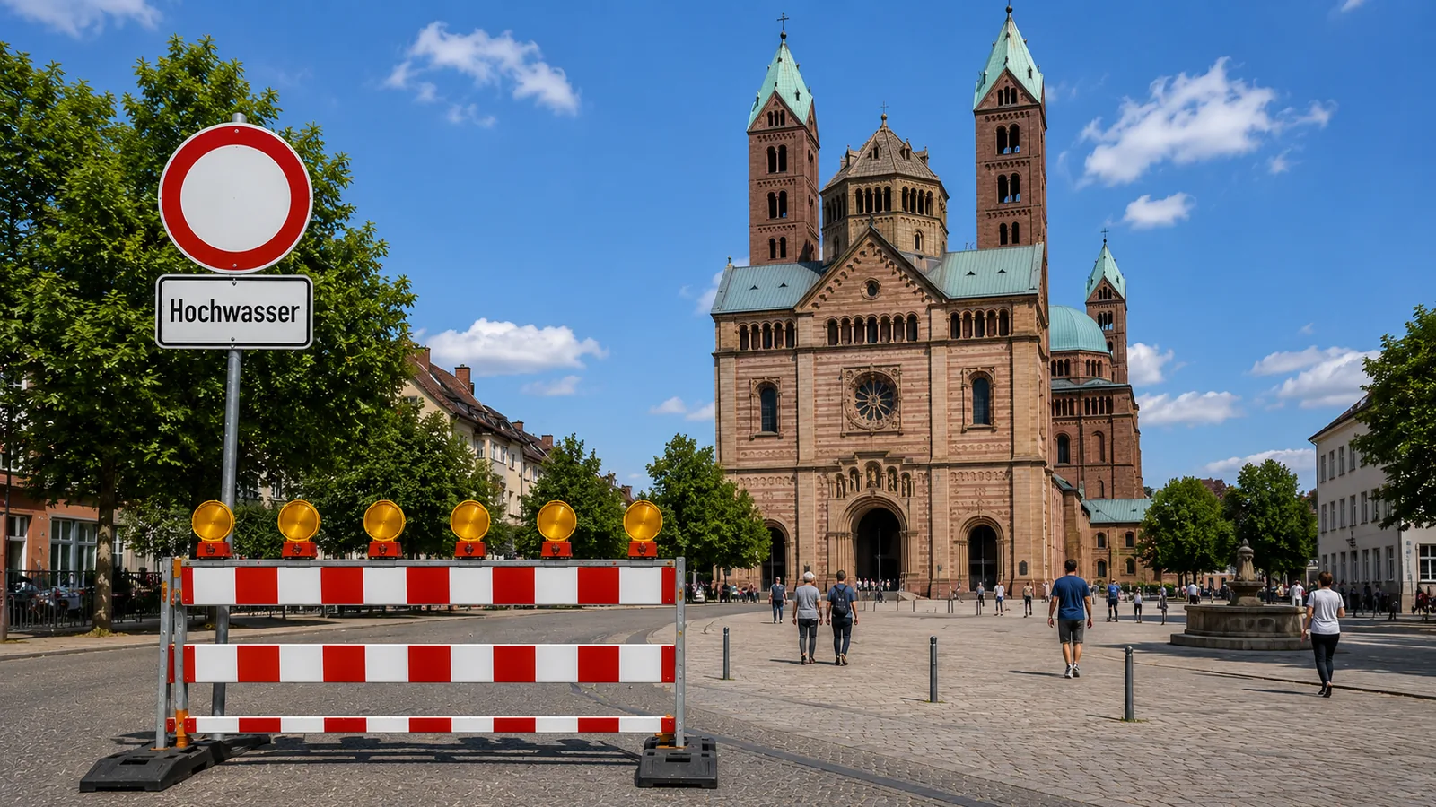 Hochwasserschutz in Speyer: Straßensperre mit Hochwasser-Schild vor dem Speyerer Dom