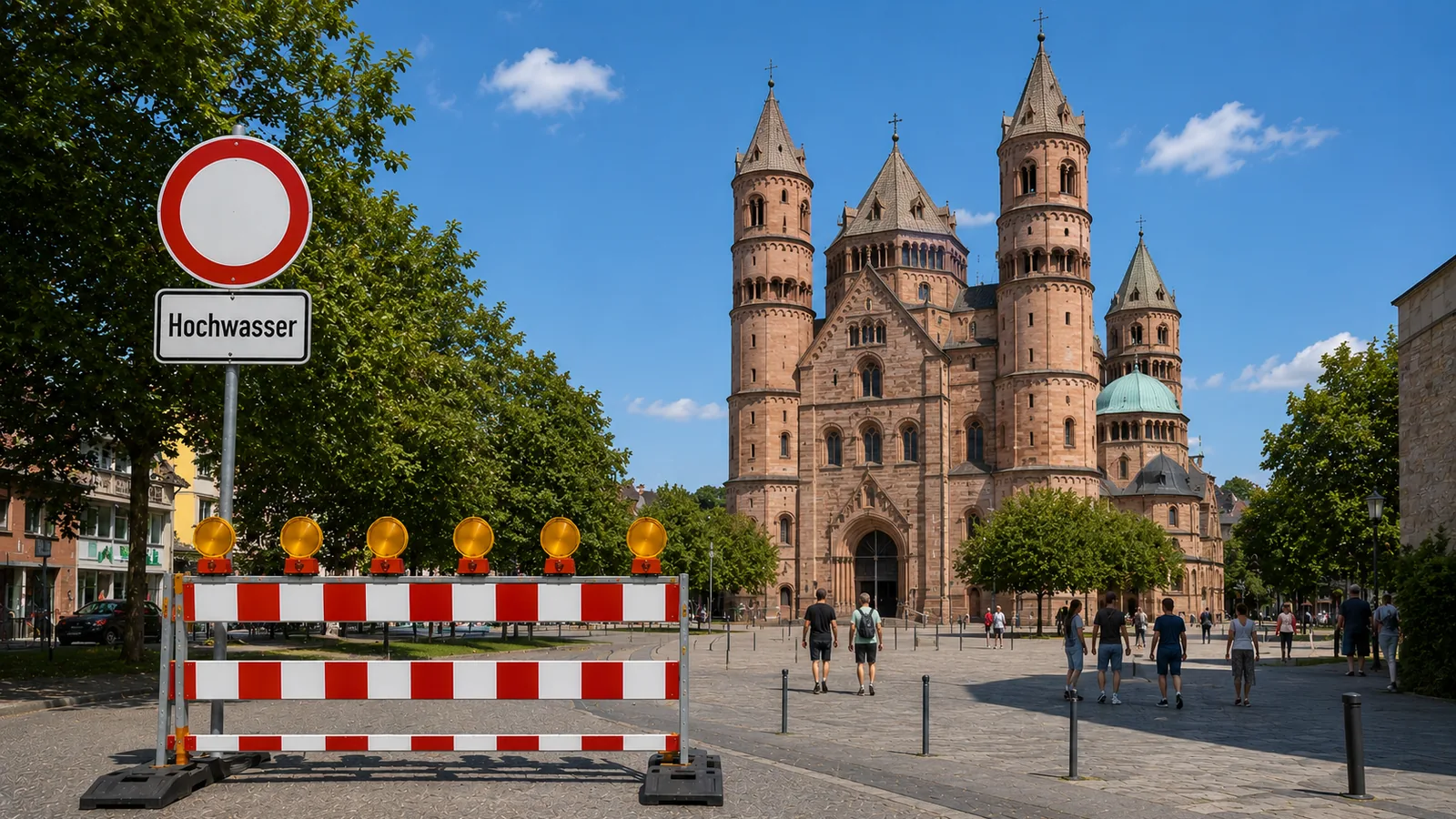 Hochwasserschutz in Worms: Straßensperre mit Hochwasser-Schild vor dem Wormser Dom